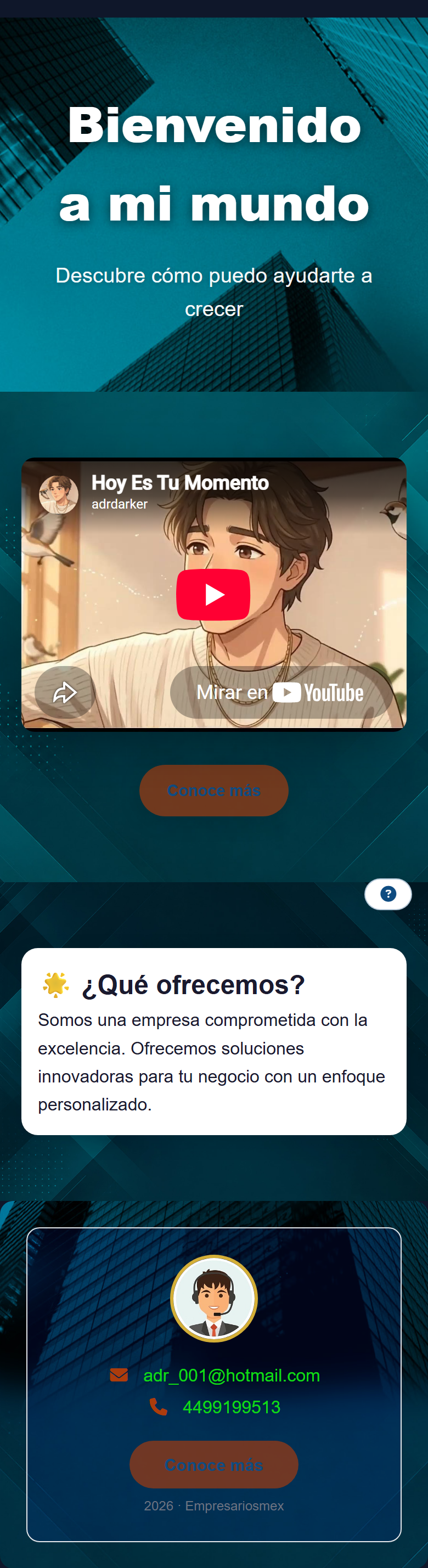 La primera pantalla que ve el lead: tu encabezado, tu video de YouTube y el botón para seguir.