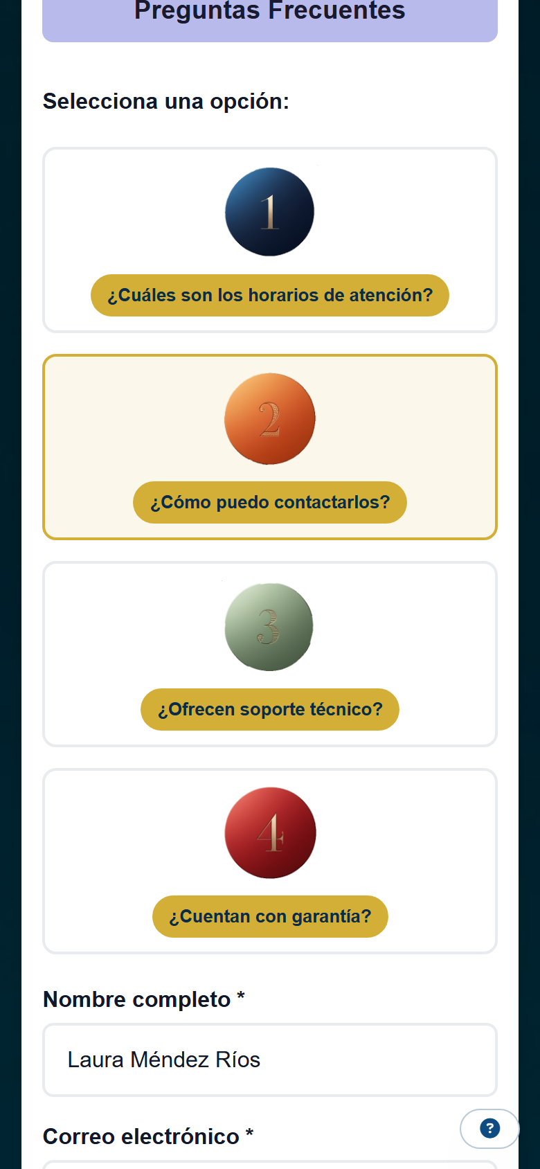 El lead ya eligió su pregunta y está llenando sus datos.