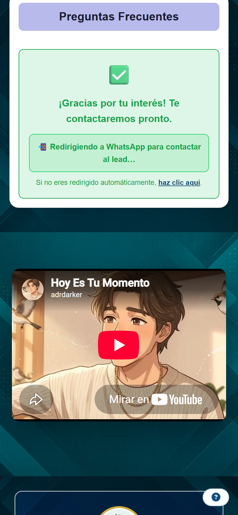 La pantalla que ve el lead: el «gracias» y el aviso de que va camino a tu WhatsApp.