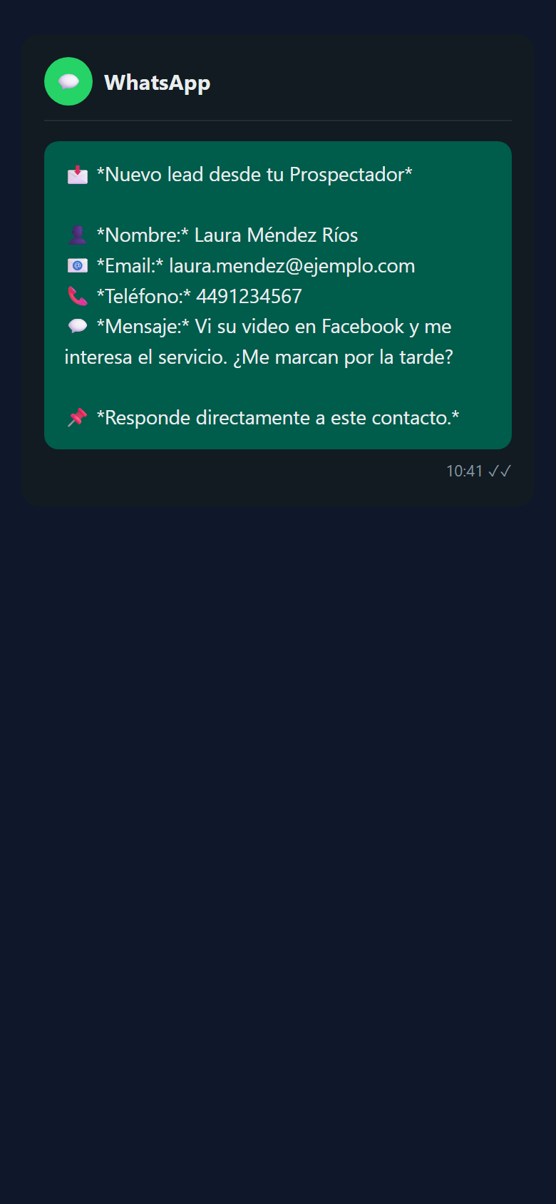 El aviso que le llega al socio por WhatsApp, con los datos y lo que escribió el lead.