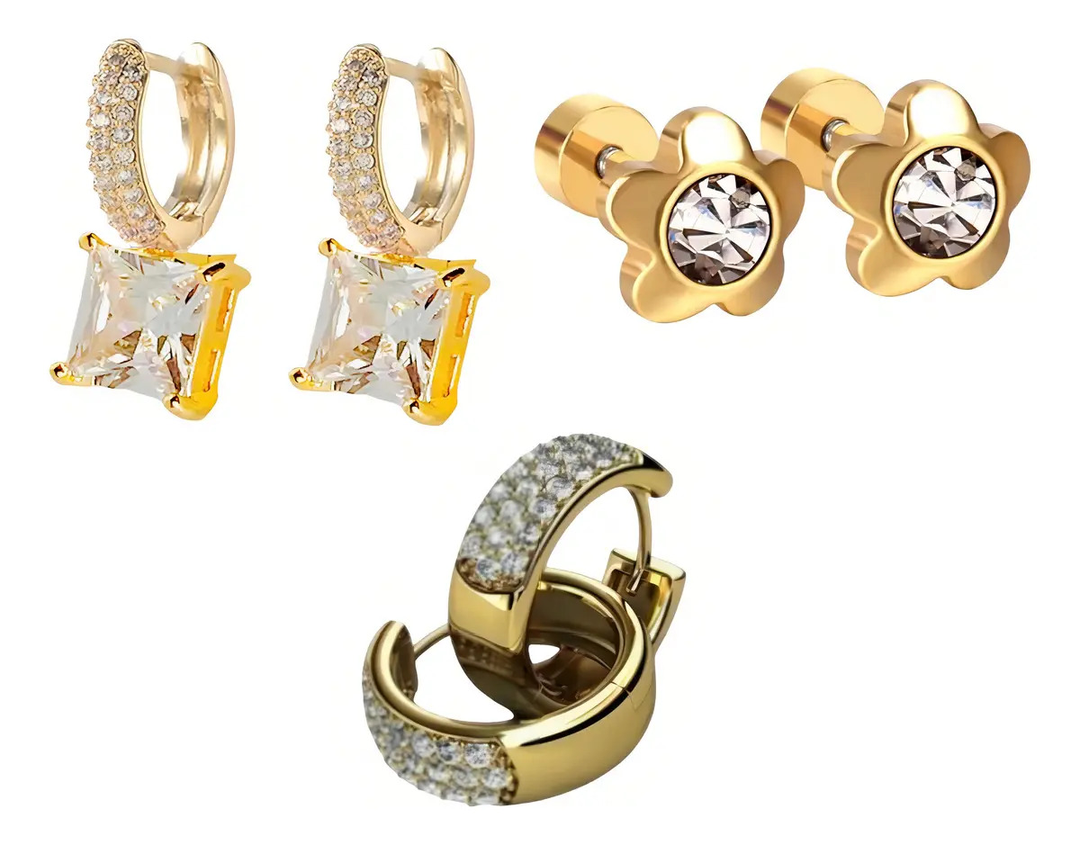 3 Aretes Oro 18k Laminado